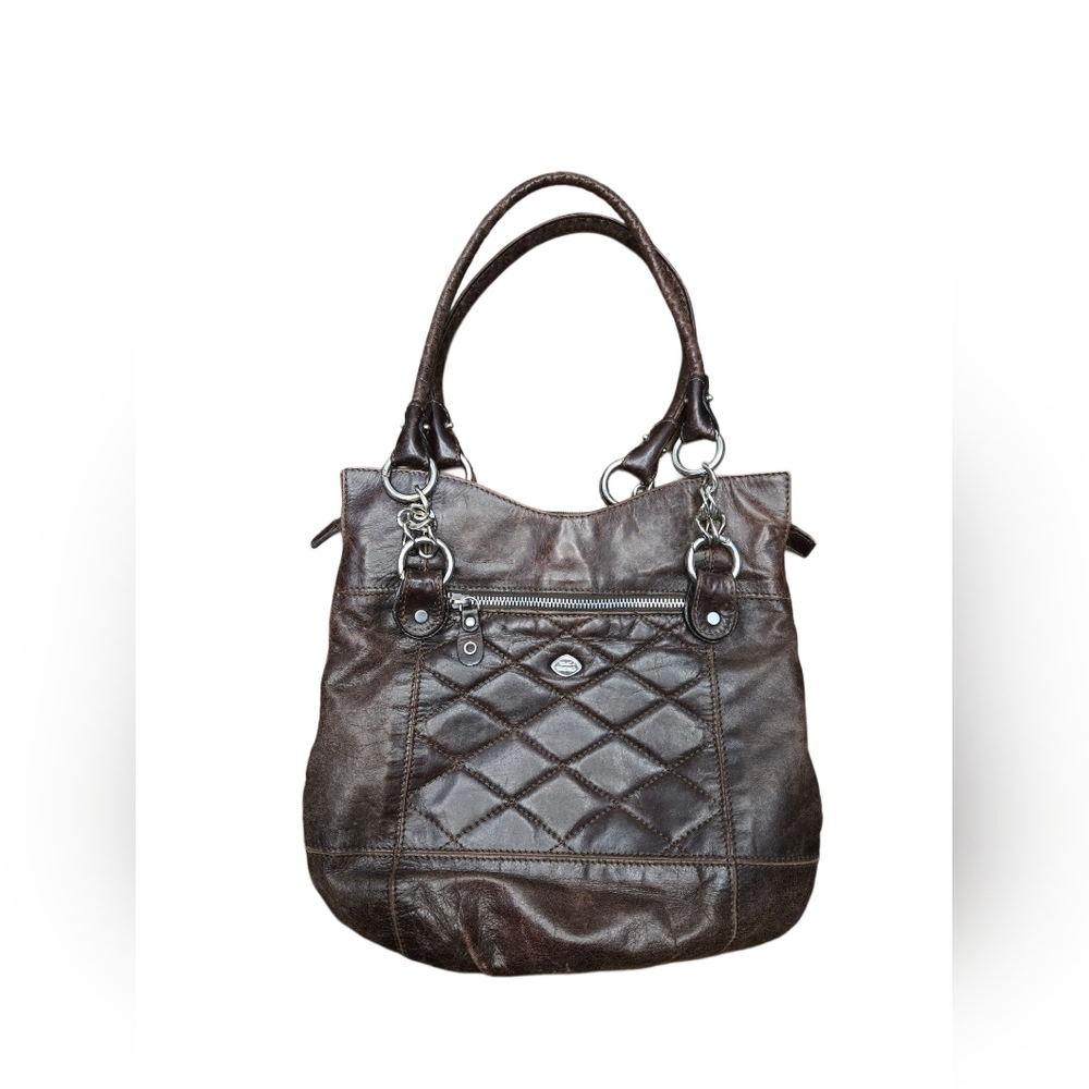 The Trend‎ Leather Quilted Tote Bag Brown Distressed Chain Strap Made in Romania